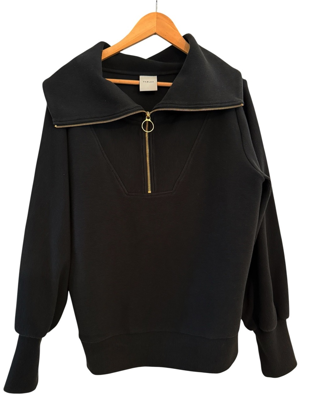 Anthropologie Varley Vine Black Zip-Front Sweatshirt with Gold Trim - Picture 2 of 14